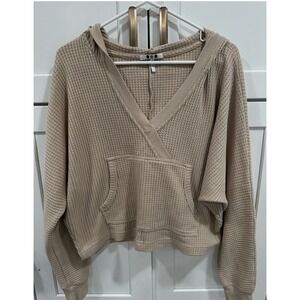 Three Dots Waffle Knit Hoodie‎ Top Pullover V Neck Pocket Beige Small